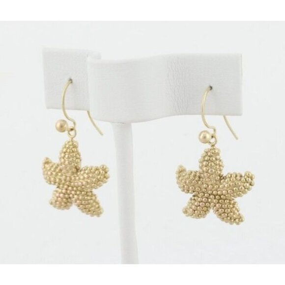 10k Yellow Gold Puffy Starfish Seashell Earrings Dangle Drop - Picture 6 of 7